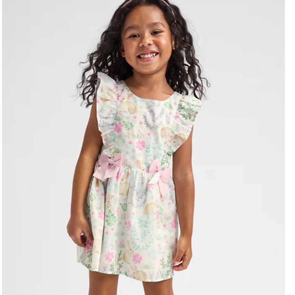 The Children's Place Cream Floral Ruffle Dress with Pink Bows